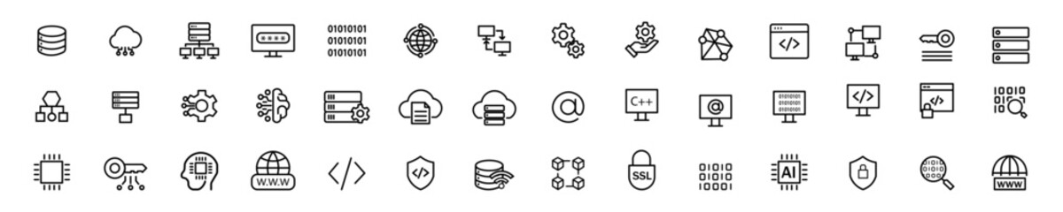 Set of line icons on programming and coding web icons in line style. Code and programming vector illustration