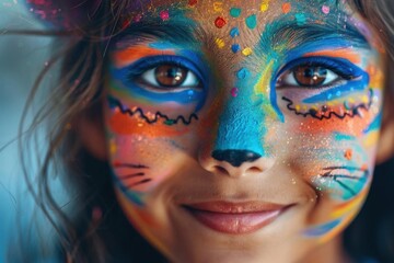 Closeup of a girl with cat face paint, smiling widely, photorealistic, vibrant colors, Halloween fun