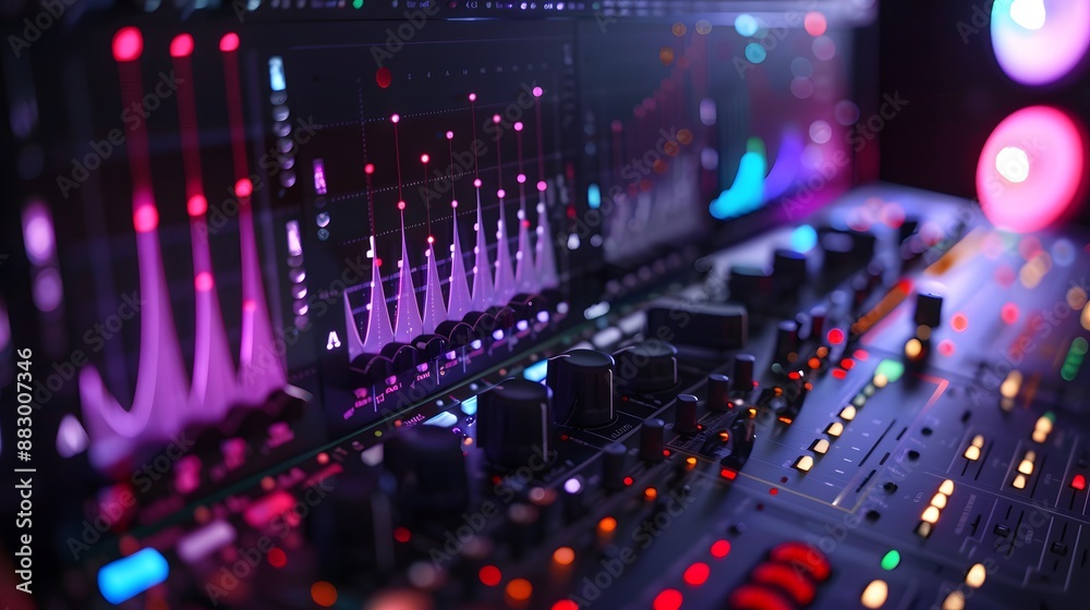 Poster a high-tech audio interface showcasing additive synthesis, building complex sounds by adding togethe