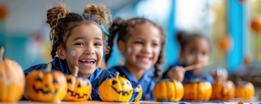Group of happy children painting pumpkins for Halloween, enjoying creative activities and festive fun in a colorful classroom.