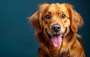 Obraz premium A brown dog with a tongue sticking out is smiling at the camera