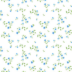 Seamless floral pattern. Watercolor illustration. Botanical illustration. Blue flowers and green twigs and leaves. Forget-me-nots. The flowers are highlighted on the background. Cute baby pictures