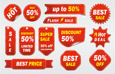 red sale discount label and price tag design for selling promotion. set of sticker for advertising offer. vector collection of price tags.