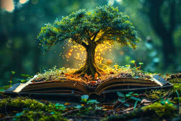 A tree is growing out of an open book. The tree is surrounded by moss and leaves, and the book is open to a page with a tree on it.