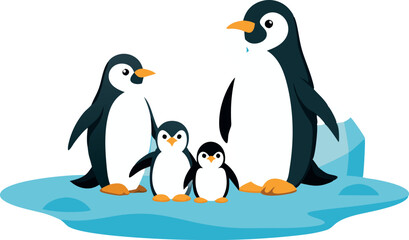 Penguin family standing on ice