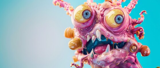 Close Up of a Pink and Yellow Monster With Large Eyes and Sharp Teeth