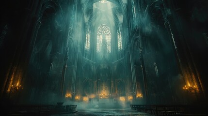 Dramatic Cathedral Interior: Dark with Intricate Details