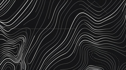 Topographic map background, vector illustration with white lines on black background. Abstract design for travel or outdoor activities concept. Flat lay. Minimal style. Vector Illustration.