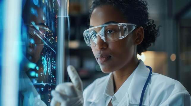 A female scientist wearing safety goggles and a lab coat examines data on a digital screen. - Powered by Adobe