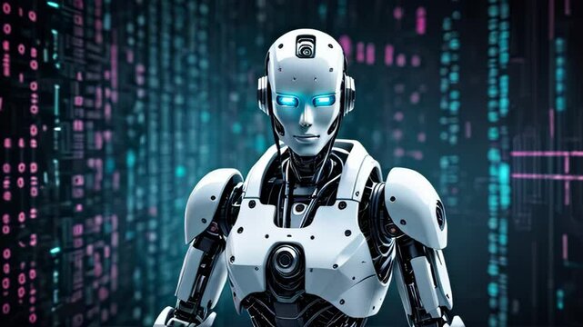 Cyberpunk robot on a background of digital code. Digital postcard with the image of a robot, artificial intelligence, technology, future.