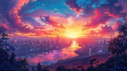 Detailed pixel art landscape or cityscape with vibrant colors,