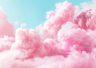 Fototapeta premium Dreamy Cotton Candy Sky with Pastel Pink and Purple Fluffy Clouds, Soft Lighting, and Blurred Edges for Copy Space in a Cute Fantasy Style