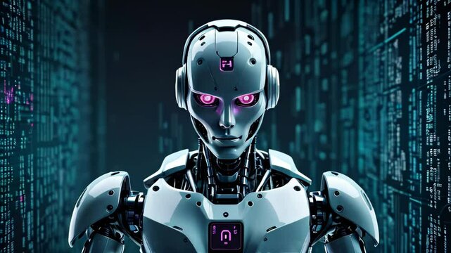 Cyberpunk robot on a background of digital code. Digital postcard with the image of a robot, artificial intelligence, technology, future.