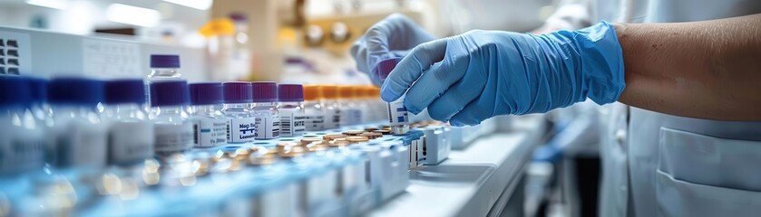 A gloved hand reaches for a vial in a laboratory setting.