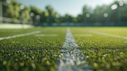 Naklejka premium Serene empty football field with end zone in a quiet and large stadium. Blurred view american football stadium