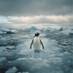 Obraz premium Global Warming, Penguins, Melting Snow