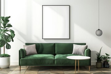 Empty poster frames set on a white wall in a minimalist living room. 