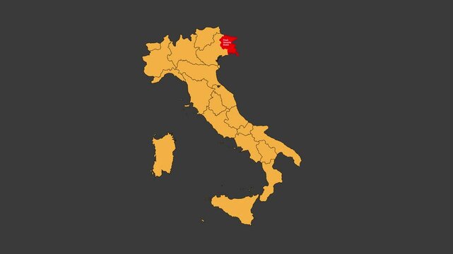 Friuli Venezia Giulia map animated video. Map Highlighted on the Itali map with animation and colour with Gray background in video format.	
