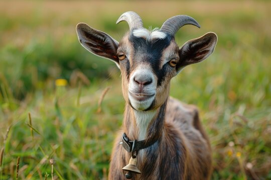 A goat with a bell around its neck. A domestic goat on green background in a summer day. Pet.