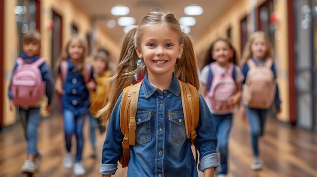 A group of happy school children with backpacks walking down a school hallway. The focus is on a smiling girl in the foreground wearing a denim shirt.