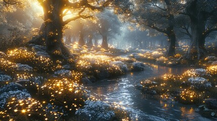 Magical forest with glowing plants and mythical creatures