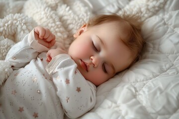 A closeup of the baby's hand, sleeping peacefully on white sheets.
