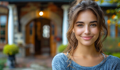 Fototapeta premium A woman with long brown hair and a blue sweater is smiling