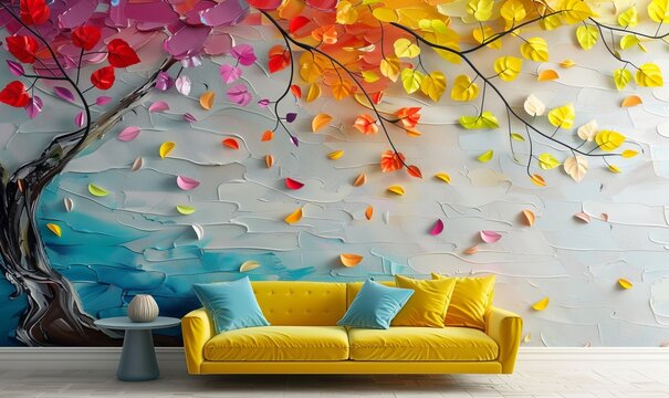 Elegant colorful tree with vibrant leaves hanging branches. Bright color 3d abstraction wallpaper for interior mural painting wall, Generative AI