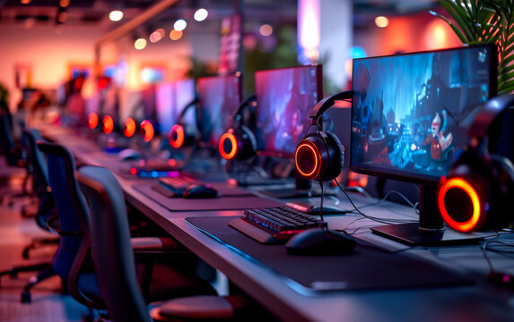 A row of computer workstations with red headphones and monitors. Scene is energetic and focused