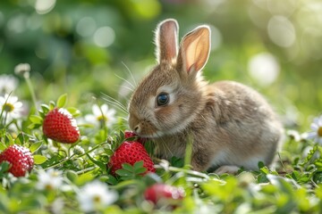 Fototapeta premium A gray rabbit eats berries. Little rabbit on green grass with strawberries. Savage. Pet
