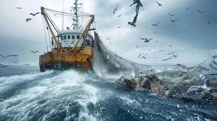 Obraz premium AI generator image of The Economist magazine taken with a professional camera of a mega fishing trawler hauling in their nets full of fish