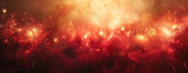 Fireworks display on black background, red and gold colors