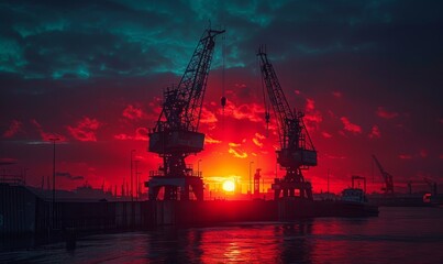 Fototapeta premium Gdansk sunset above the Motlawa and Zuraw Port Crane, Poland, Generative AI