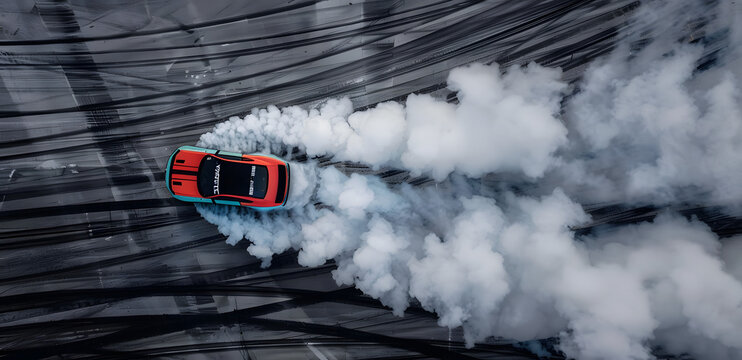 Aerial top view car drifting diffusion race drift car with lots of smoke from burning tires on speed track, Professional driver drifting car with lots of white smoke .