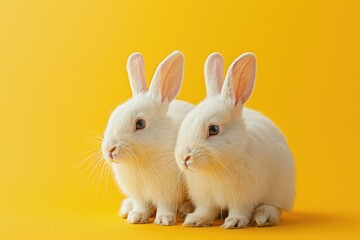 Obraz premium A pair of white rabbits on yellow background. Decorative fluffy rabbits on an orange background. Professional photo. Pet.