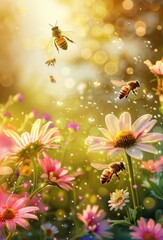 Obraz premium Spring Symphony: Bees Blooms Banner