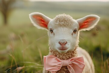 Obraz premium little sheep with pink bow. little sheep on a green field. Pet. domestic animal