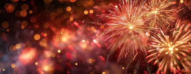 Fototapeta premium Fireworks display on black background, red and gold colors