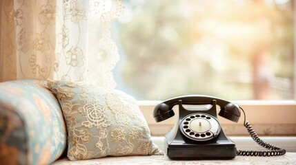 Cozy vintage living room with a rotary phone and lace curtains, nostalgic charm