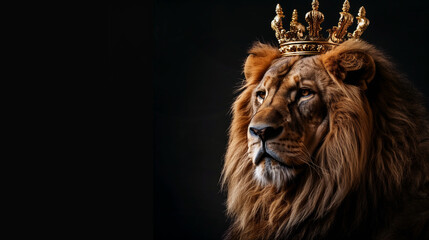 Portrait of a lion king with crown on its head, dark background, perfect as wallpaper.