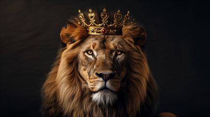 Portrait of a lion king with crown on its head, dark background, perfect as wallpaper.