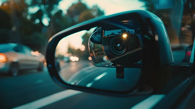 Macro shot of the rearview cameras positioning on the vehicle showing the precise angle and direction in which it captures footage.