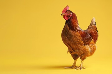 Fototapeta premium Brown chicken on yellow background. Rooster on a yellow background. A bird in a photo studio. Pet.