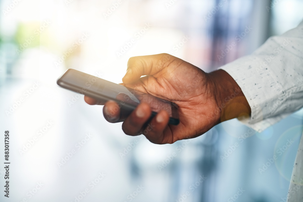 Poster phone, search and hand of person in business for online chat, typing and mobile app for social media