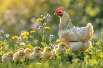 Fototapeta premium Hen with little yellow chicks in summer flowers. Chicken in field with flowers. Village. Pet. Home bird.