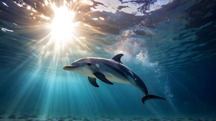 Obraz premium Dolphins gliding beneath the translucent waves of a clear sea coral reef teeming with marine life, AI Generated
