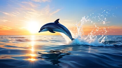 Dolphin mid-leap above sparkling sea water silhouette against sunrise sky dynamic angle, AI Generated