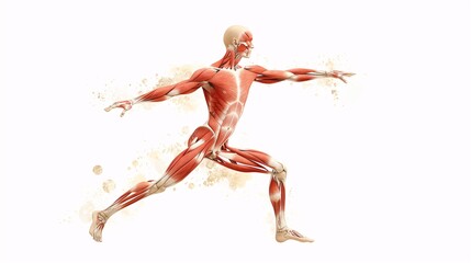 Hand-drawn illustration of the human muscular system in a dancing pose, watercolor style, on a white background