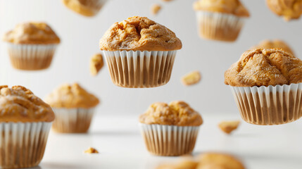 Homemade Pumpkin Muffins Suspended Mid-air, Sheet Twist, White Background