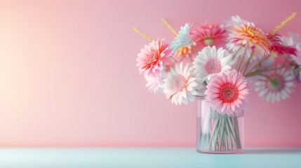 Vibrant bouquet of pink gerbera daisies in a transparent vase against a pastel pink and blue background.